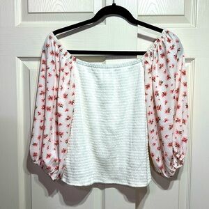 W by who wear what when where Peasant puff-sleeve floral blouse rouched SMALL